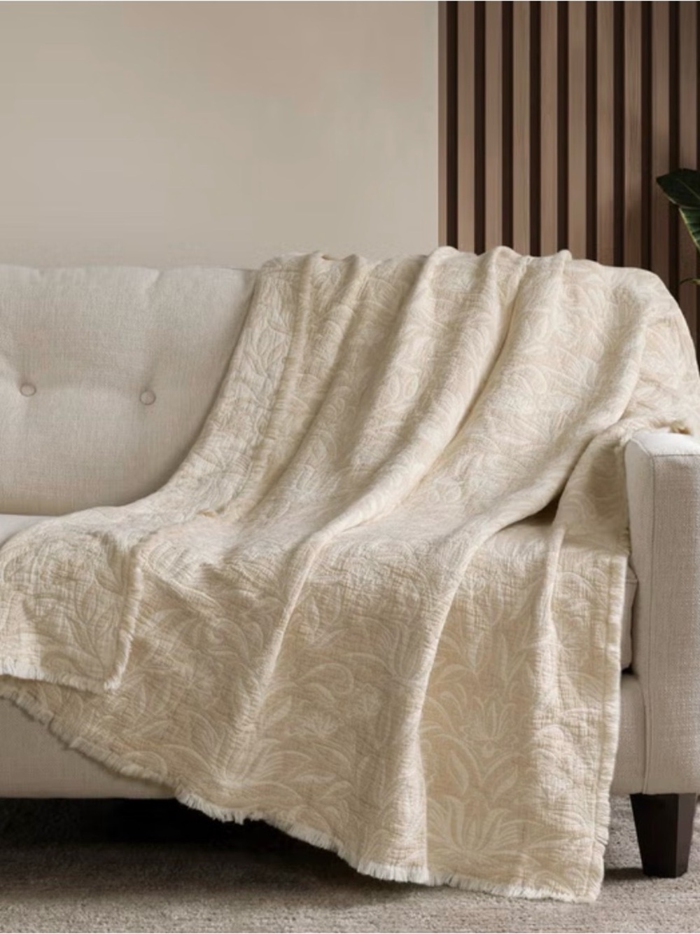 Cream Quilted Decorative Throw Blanket - Soft Textured Home Bedding